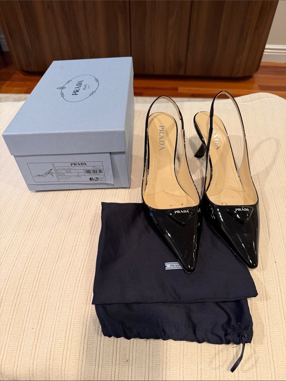 Prada Black Patent Slingback Pointed Toe Pumps